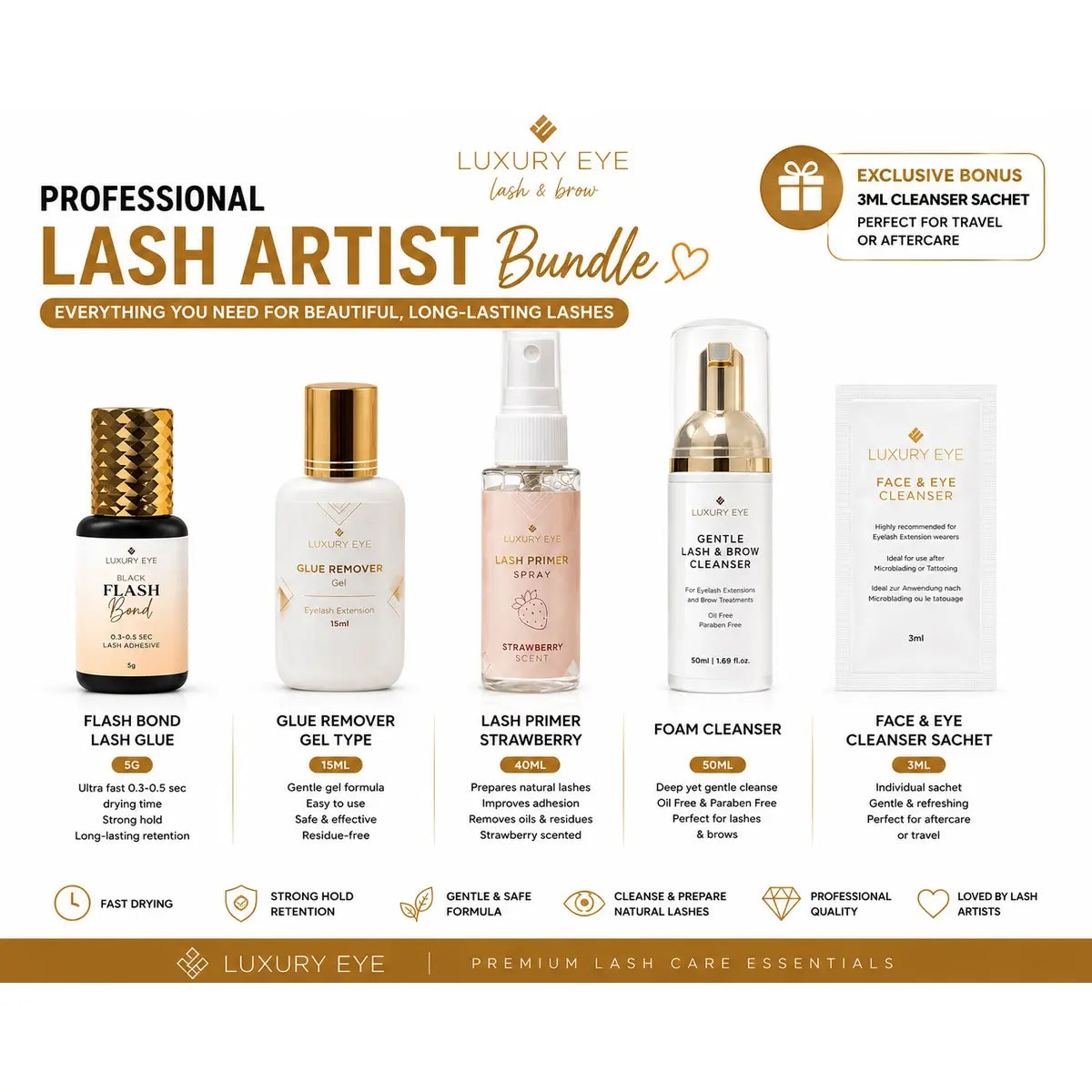 Professional Lash Artist Bundle – Flash Bond Glue, Primer, Cleanser & Remover Kit